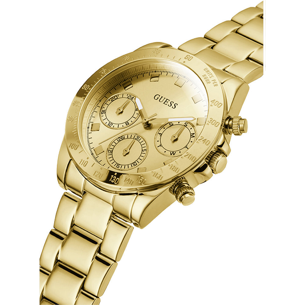 Angled view of Guess Eclipse gold chronograph watch showing case profile and bracelet