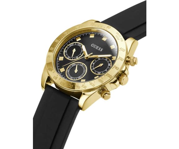 Angled view of Guess Eclipse watch showing gold case, black chronograph dial with subdials, and black strap