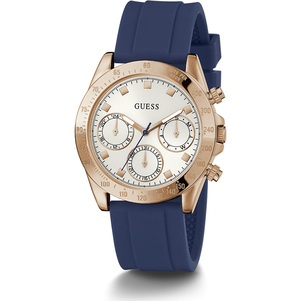 Guess Eclipse women's watch with rose gold case, white dial with three subdials, and navy silicone strap