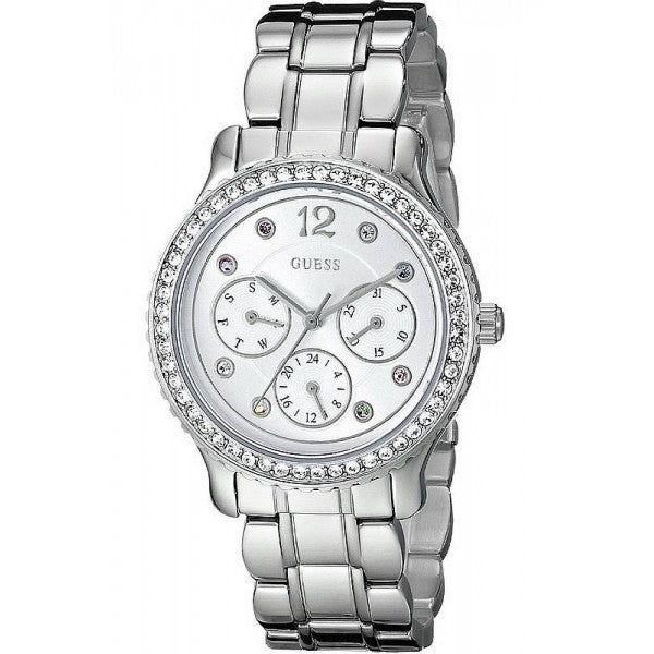 Guess Enchanting silver women's watch with crystal bezel and three subdials