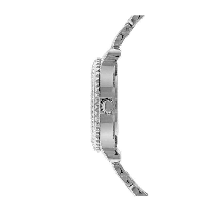 Side view of Guess Enchanting silver watch with crystal bezel and crown