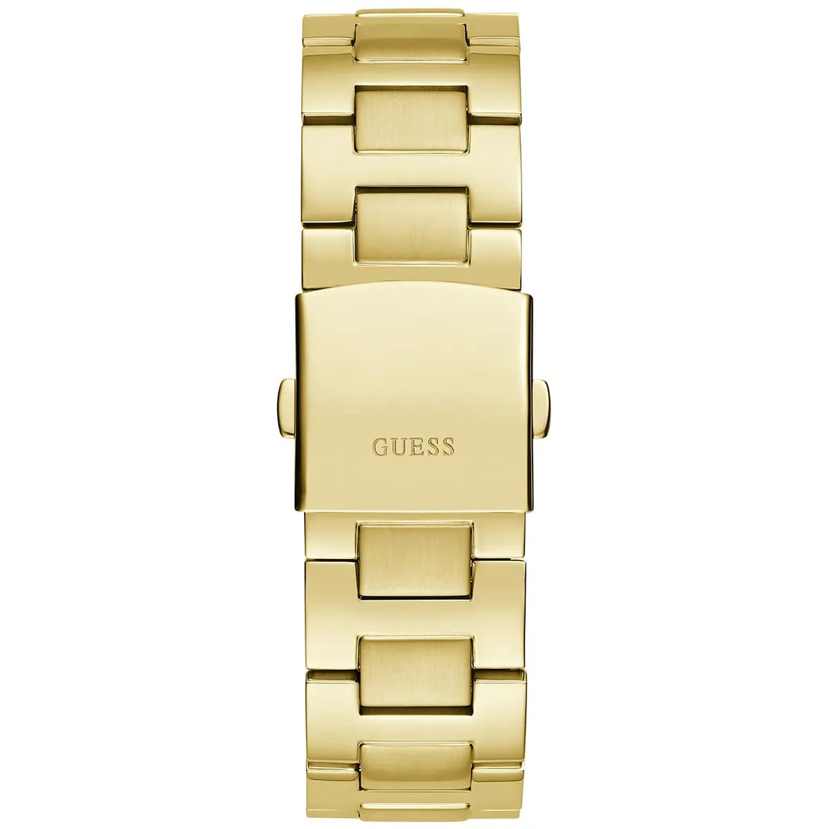 GUESS Equity watch caseback showing gold stainless steel back with GUESS branding