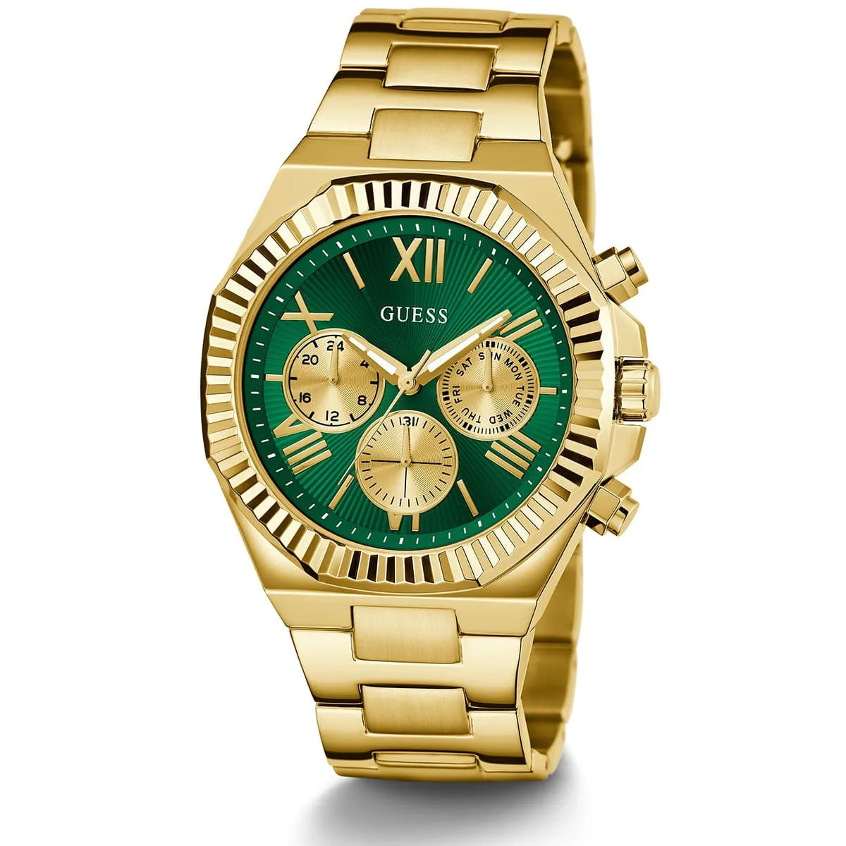 GUESS Equity gold chronograph watch with dark green dial and gold link bracelet