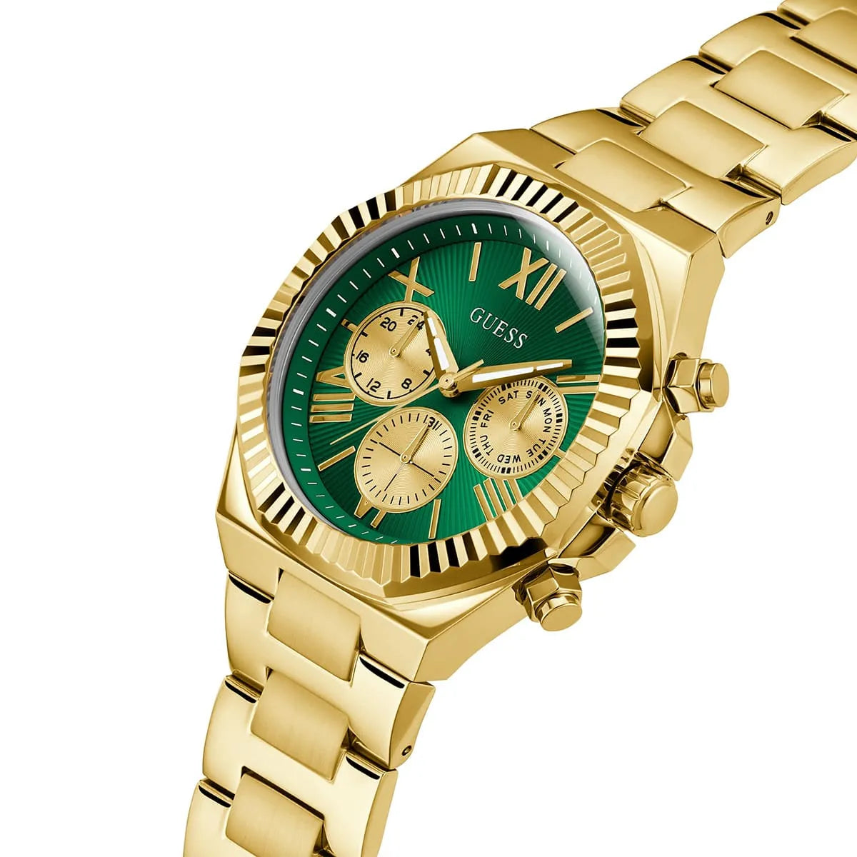 GUESS Equity gold watch worn on wrist with green dial and three chronograph sub-dials