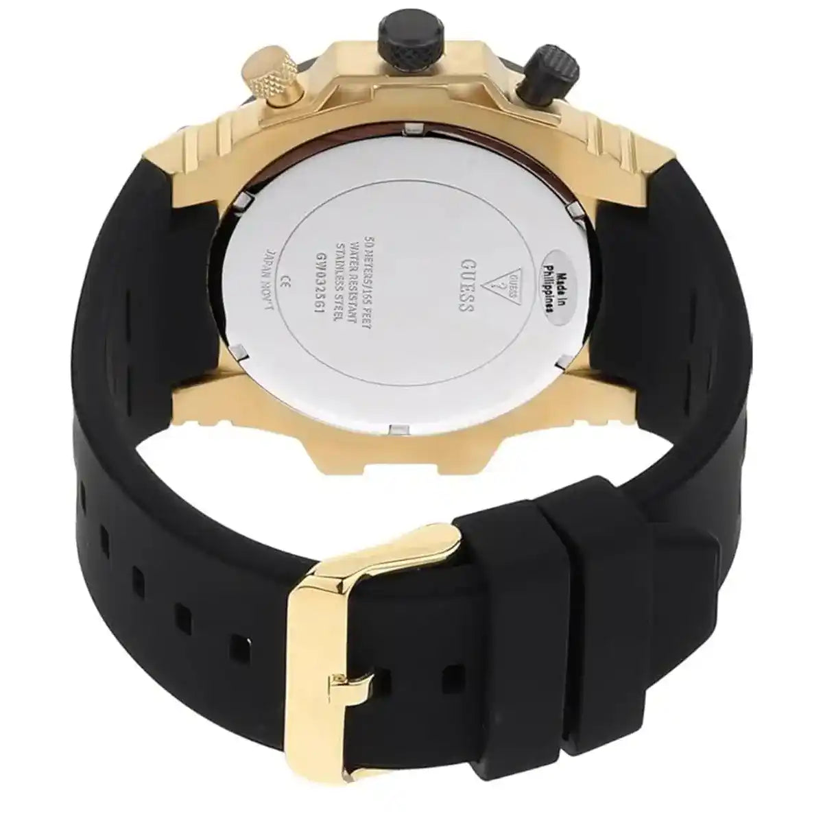 GUESS Exposure GW0325G1 caseback showing skeleton movement and model information on display case