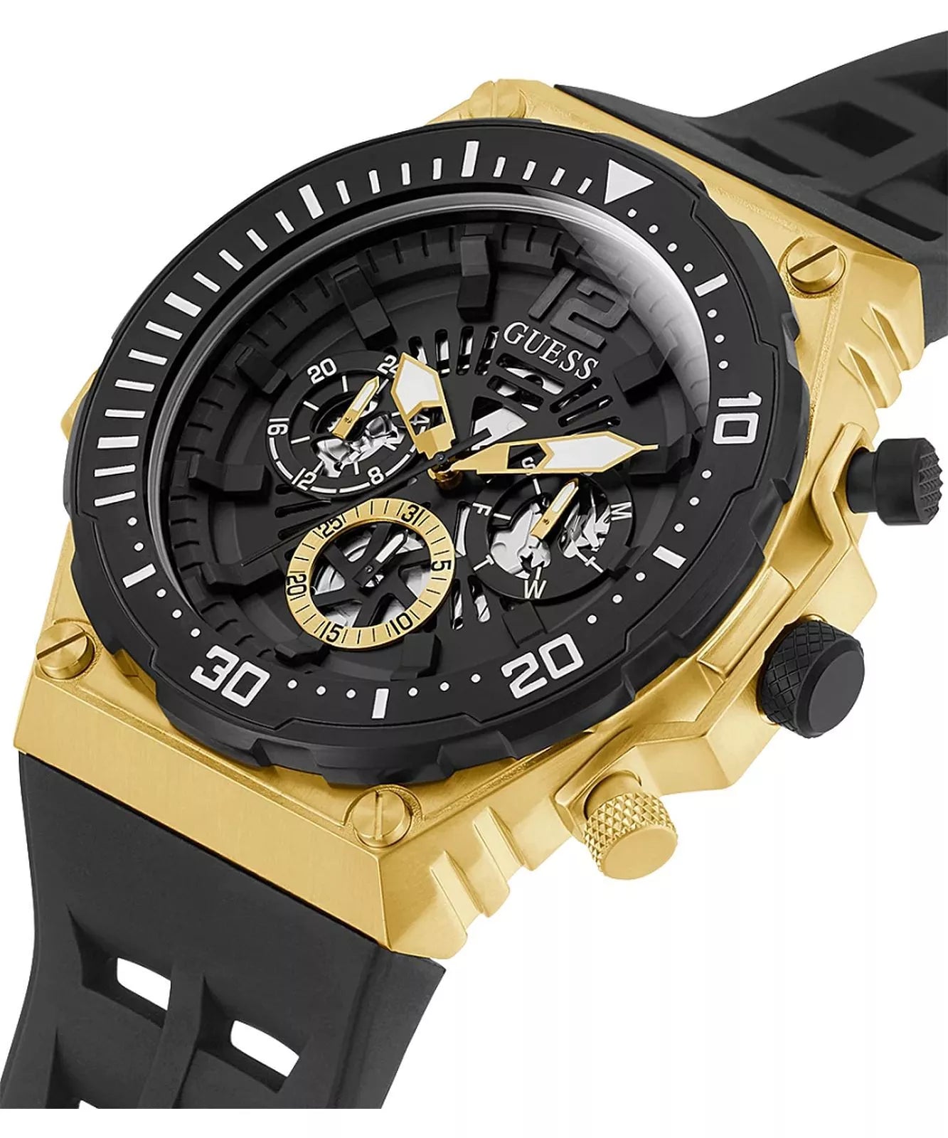 GUESS Exposure GW0325G1 dial detail with visible chronograph subdials and gold tone accents