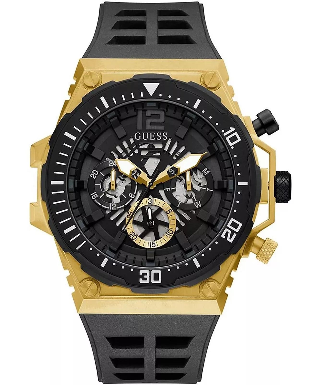 GUESS Exposure GW0325G1 gold-tone multi-function mens watch with black dial and rubber strap