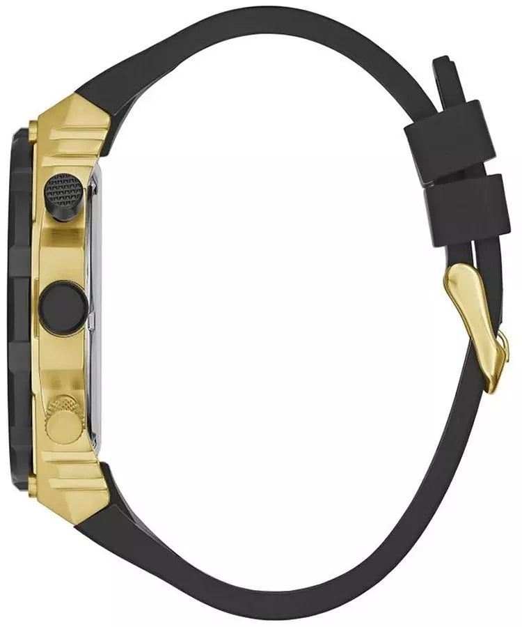 GUESS Exposure GW0325G1 side profile showing gold-tone case with black rubber strap
