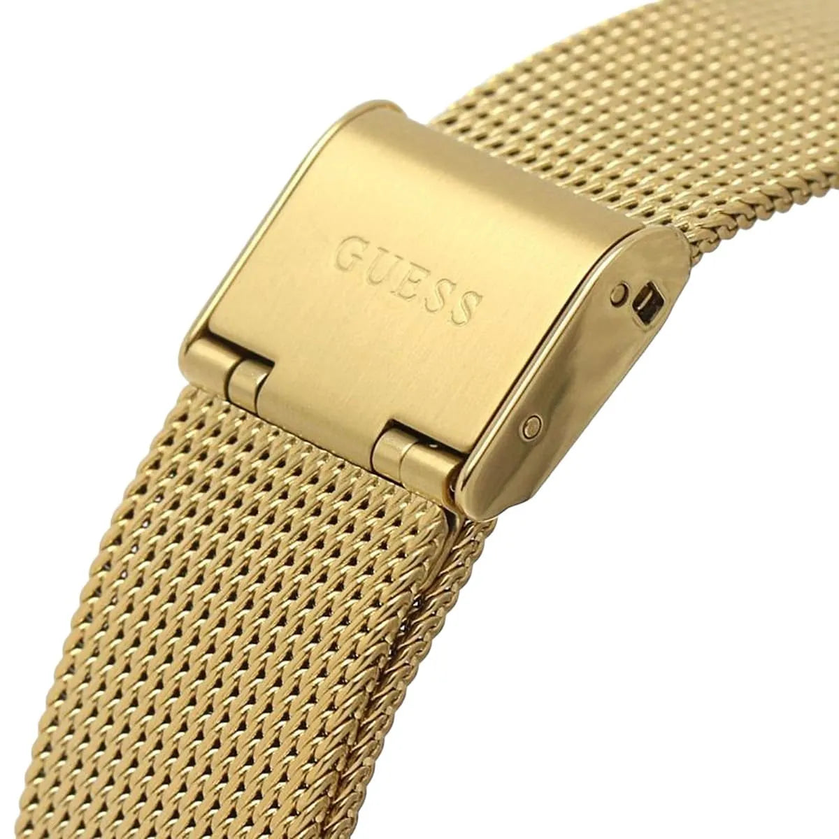 Guess Fame watch clasp detail showing gold tone metal fastener
