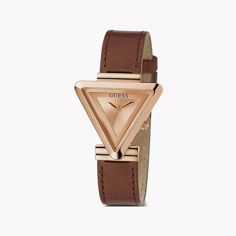 Guess Fame rose gold watch at angle showing triangular case and brown leather strap