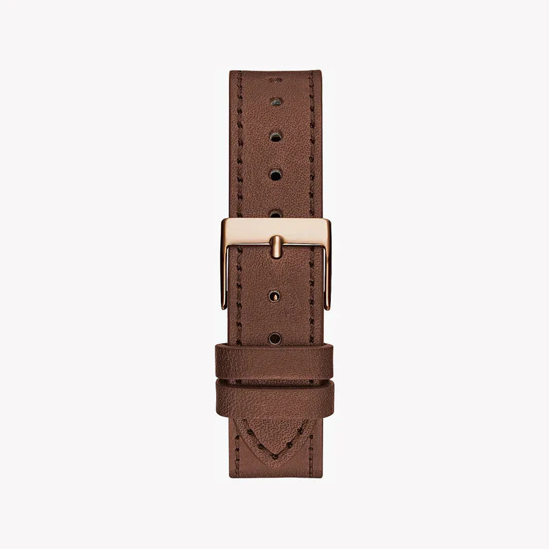 Brown leather strap with rose gold buckle and stitching detail for Guess Fame watch