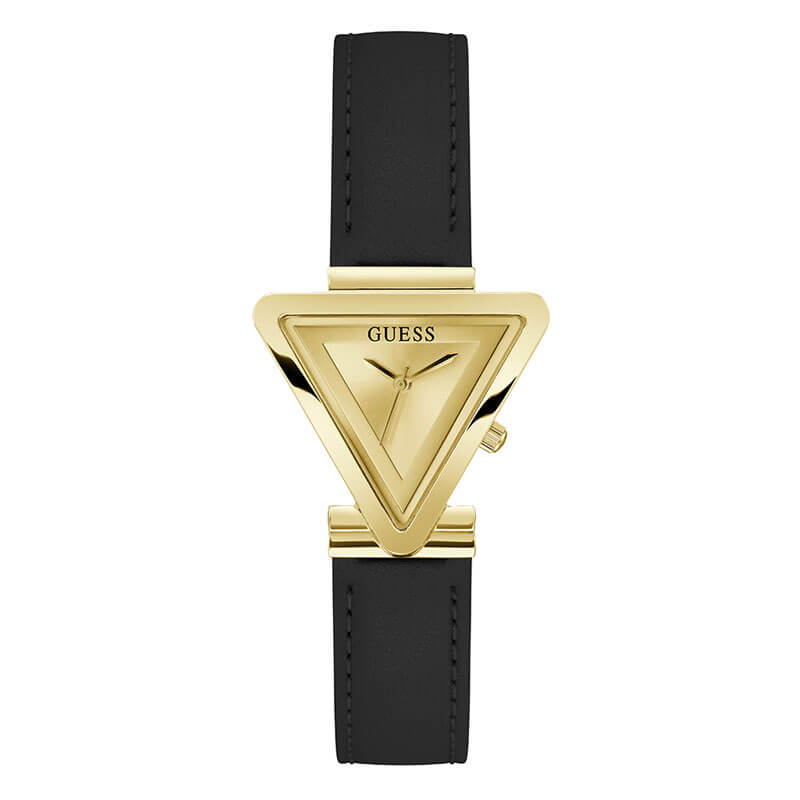 Guess Fame Quartz Gold Dial Black Leather Strap Women Watch - GW0548L3