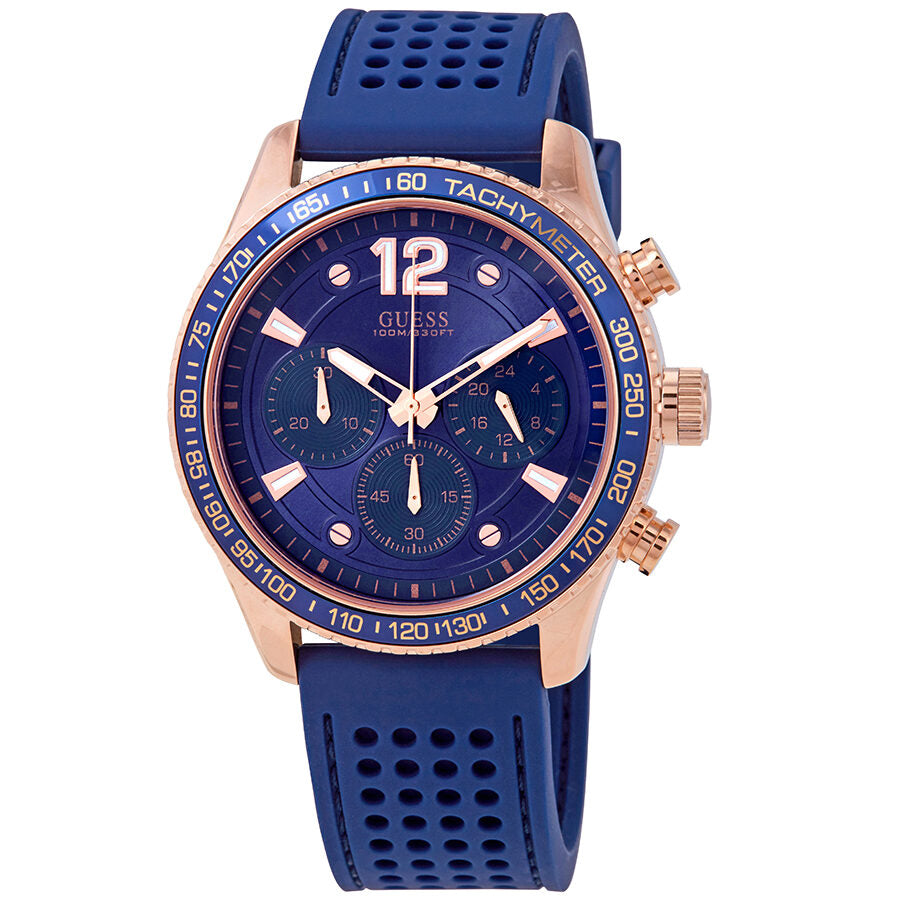 Guess Fleet chronograph watch with blue dial, rose gold case, and blue perforated strap