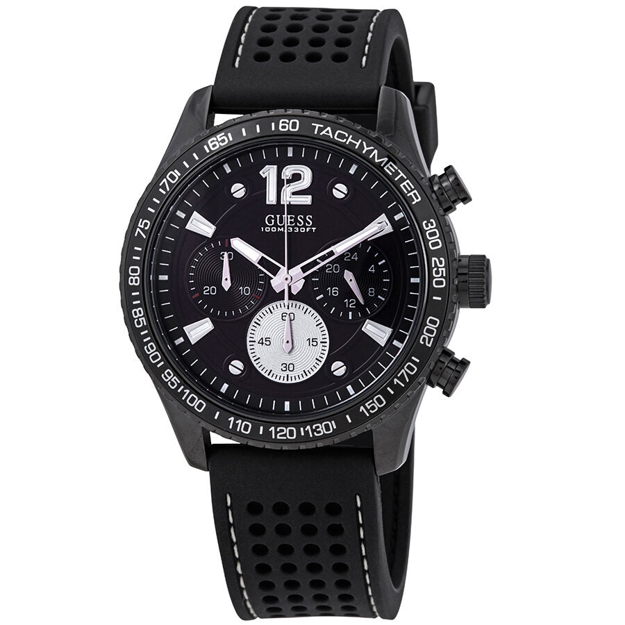 Guess Fleet chronograph watch with black dial and black perforated silicone strap