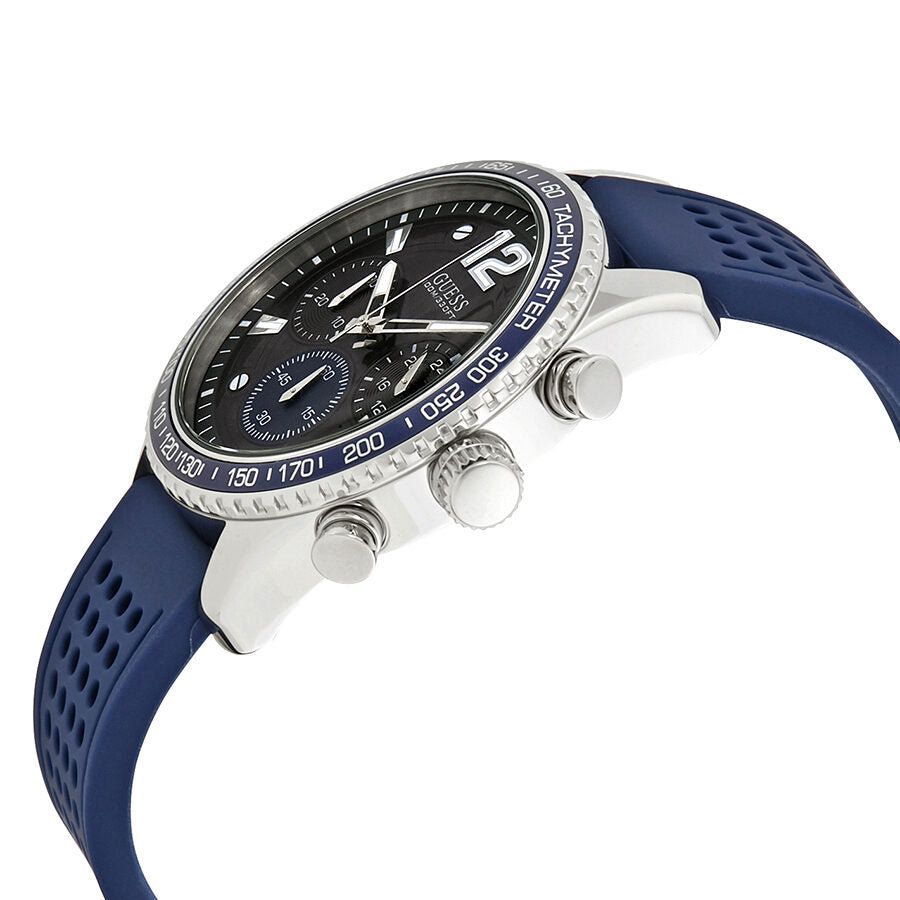Guess Fleet Chronograph watch at angle showing black dial and blue perforated rubber strap