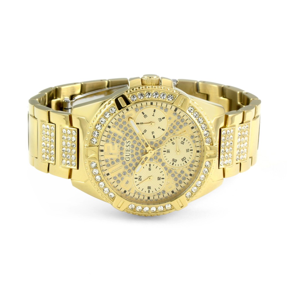 Top-down view of Guess Frontier Crystal ladies chronograph watch with full bracelet
