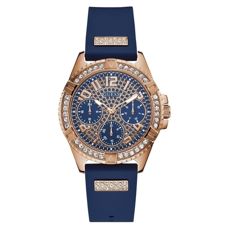 Guess Frontier ladies watch with rose gold case, blue crystal pave dial, diamond-set bezel, and navy silicone strap
