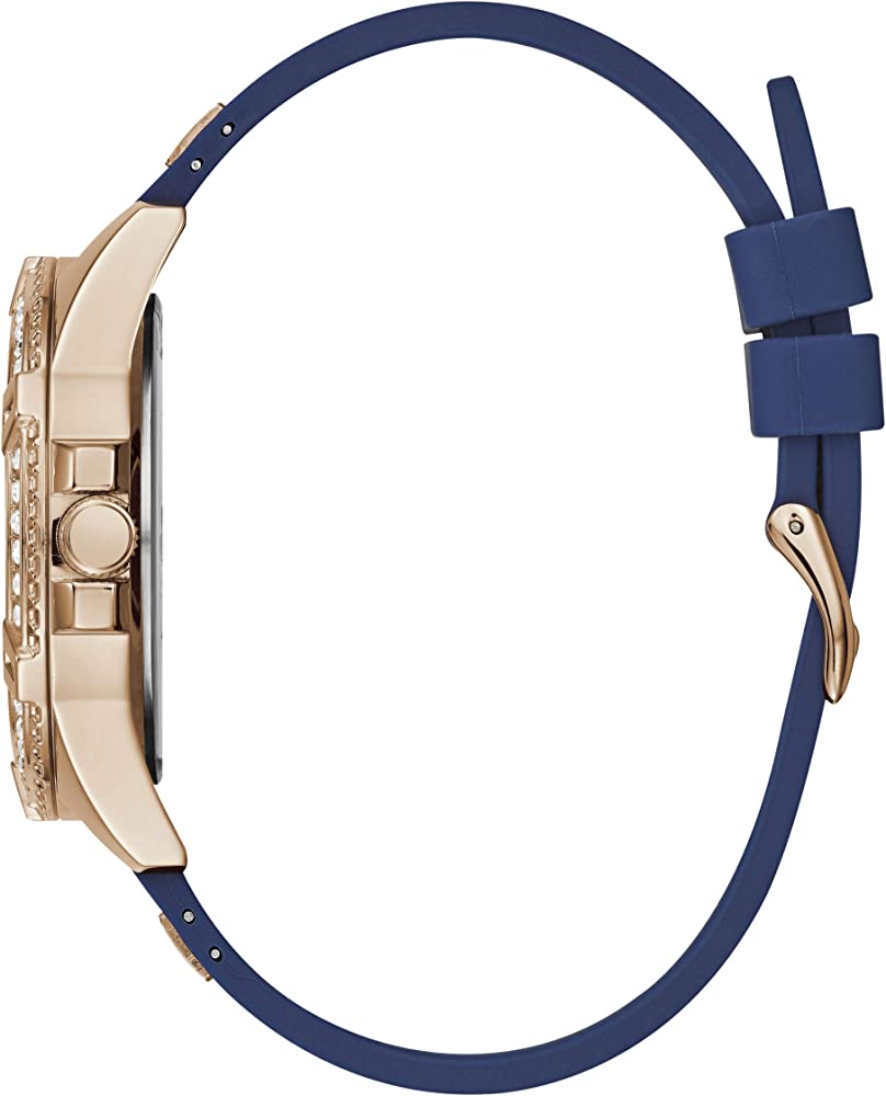 Guess Frontier watch side profile showing rose gold case and navy silicone strap with gold accents