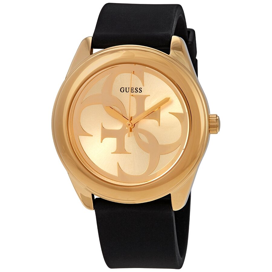 Guess G-Twist ladies watch with gold dial, rose gold case, and black leather strap