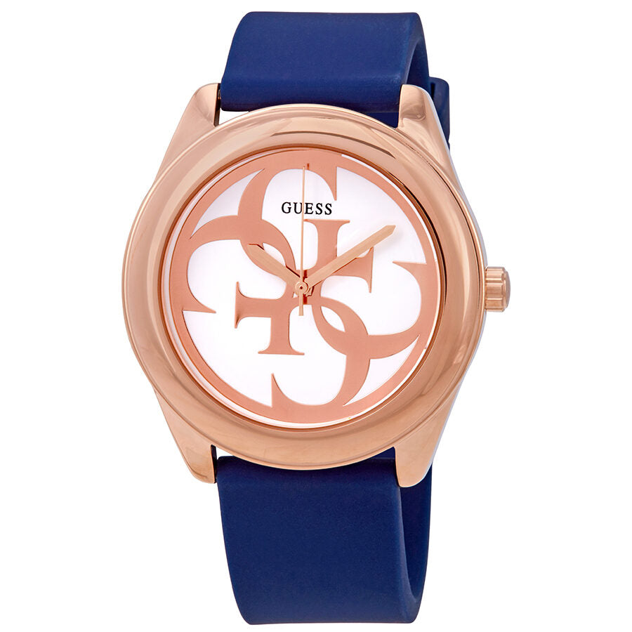 Guess G-Twist watch with rose gold case, silver dial with G logo, and blue silicone strap