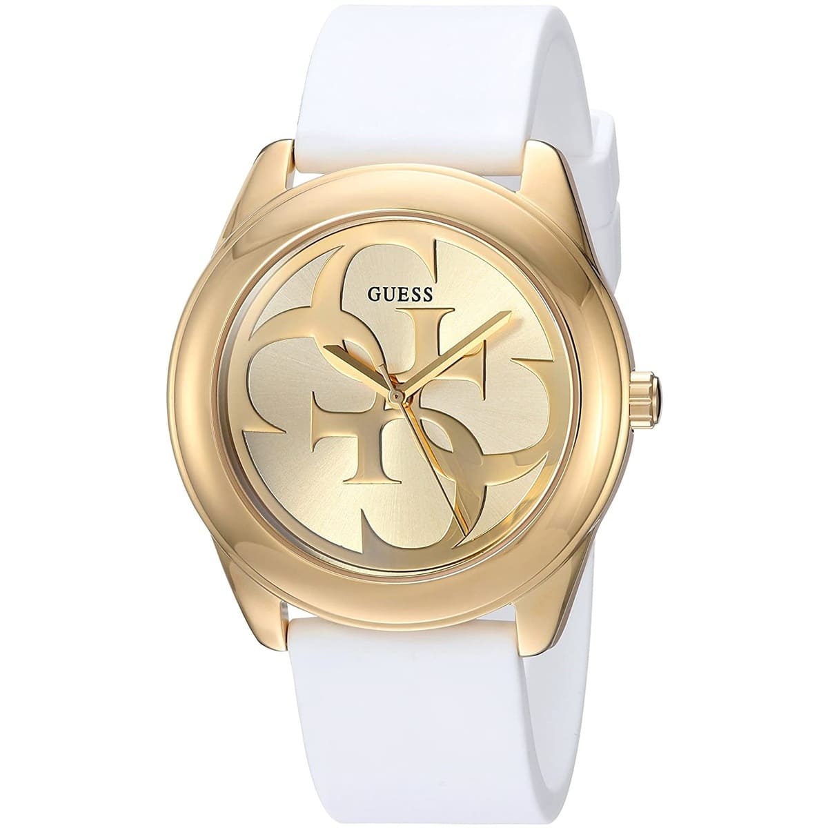 Guess G Twist women's watch with gold case, champagne dial featuring twisted G logo, and white silicone strap