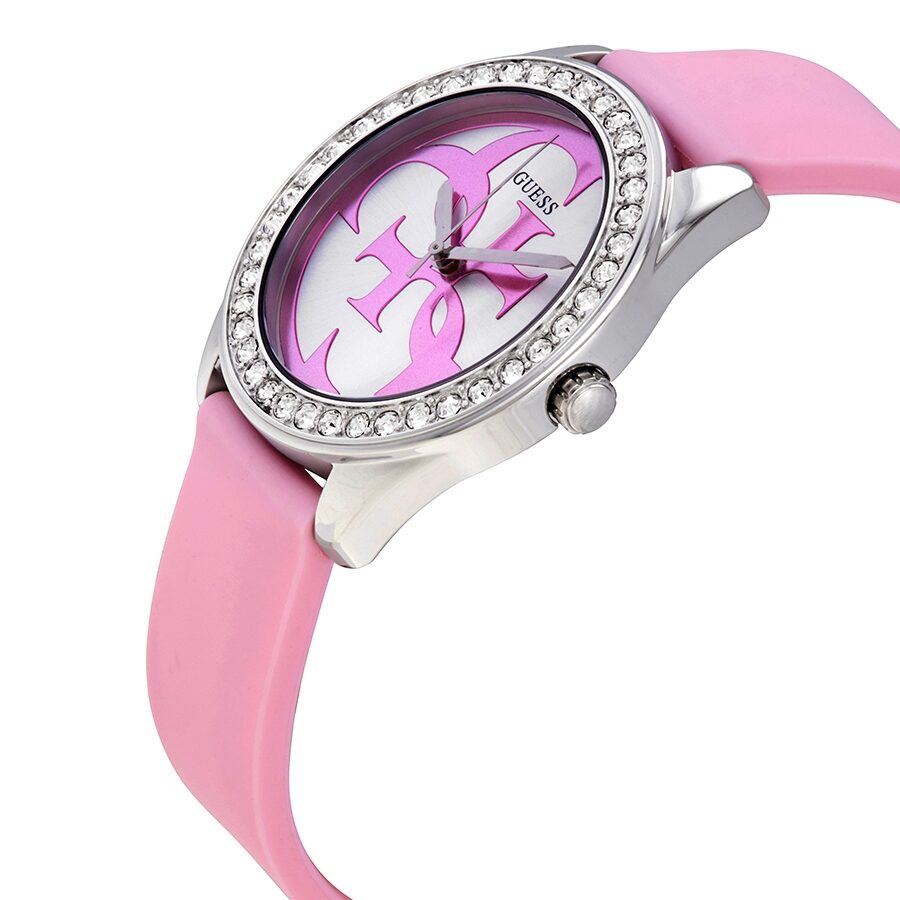 Guess G-Twist watch angled view showing pink silicone strap and crystal-bezel case profile