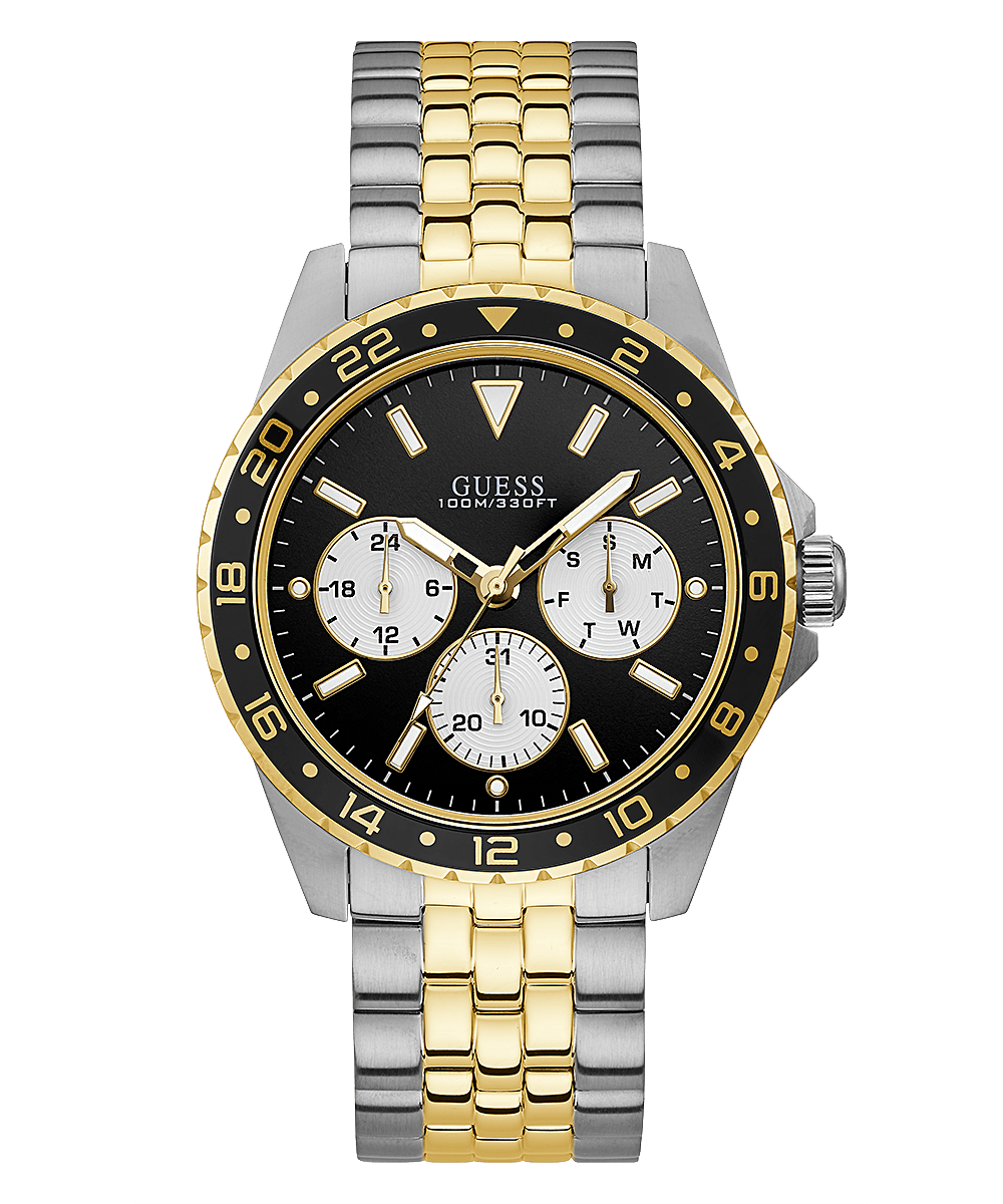 Guess Garrett chronograph watch with two-tone gold and silver bracelet, black dial, white subdials, and black bezel