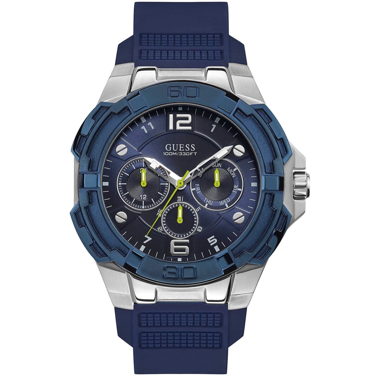 Guess Genesis blue dial multi-function chronograph watch with silver-tone case and navy strap