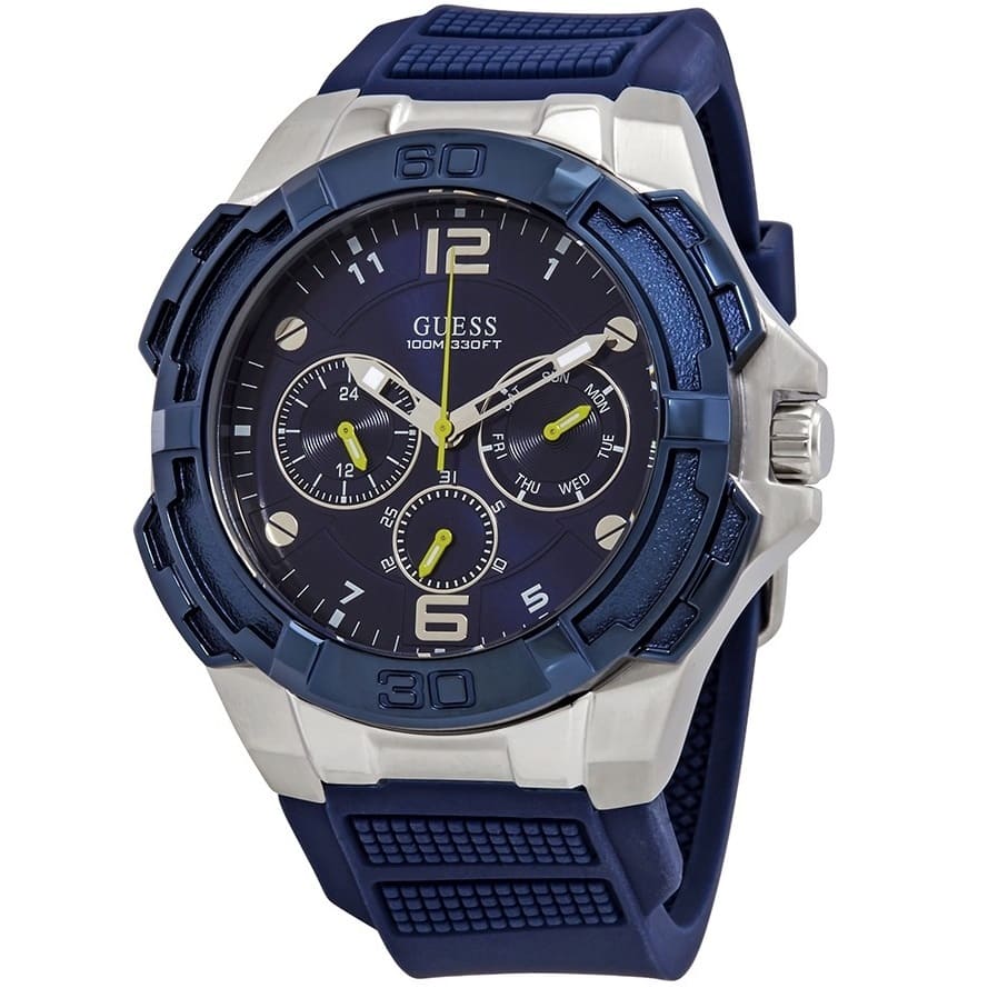 Guess Genesis chronograph watch three-quarter view showing blue bezel and chronograph subdials