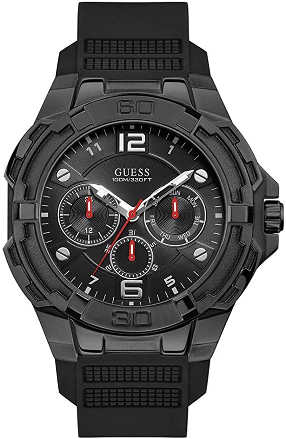 Guess Genesis black quartz men's chronograph watch with black dial and red subdials