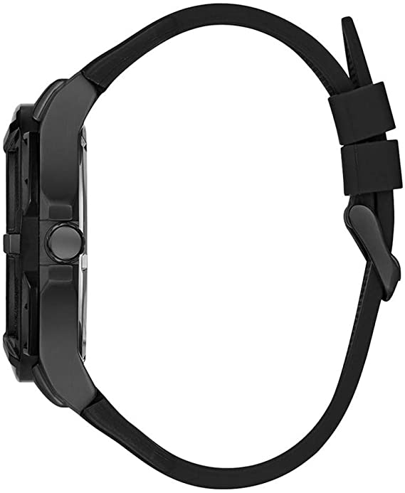 Guess Genesis men's watch shown from side profile with black rubber strap and black case