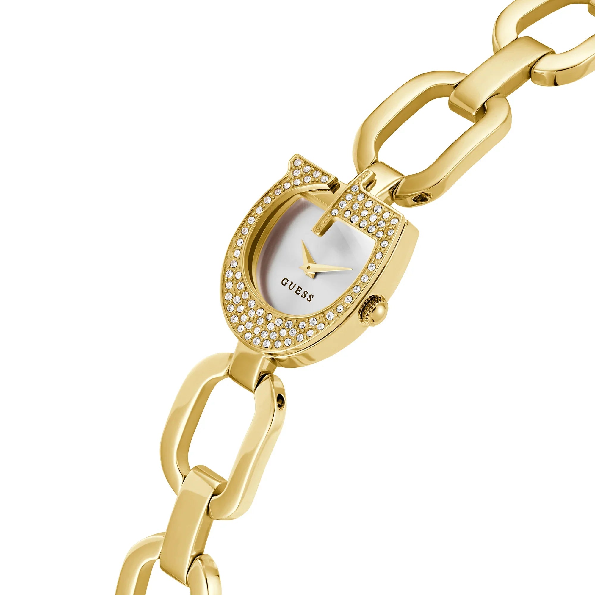 Guess GW0683L2 gold women's watch side angle with crystal bezel