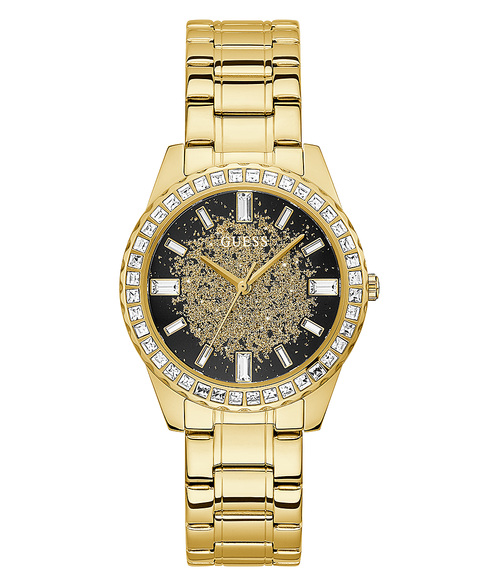 Guess Glitter Burst gold tone women's watch with crystal bezel and glitter dial