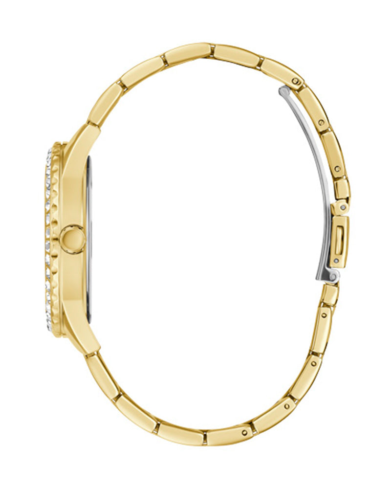 Side view of Guess Glitter Burst gold tone watch with crystal-set bracelet