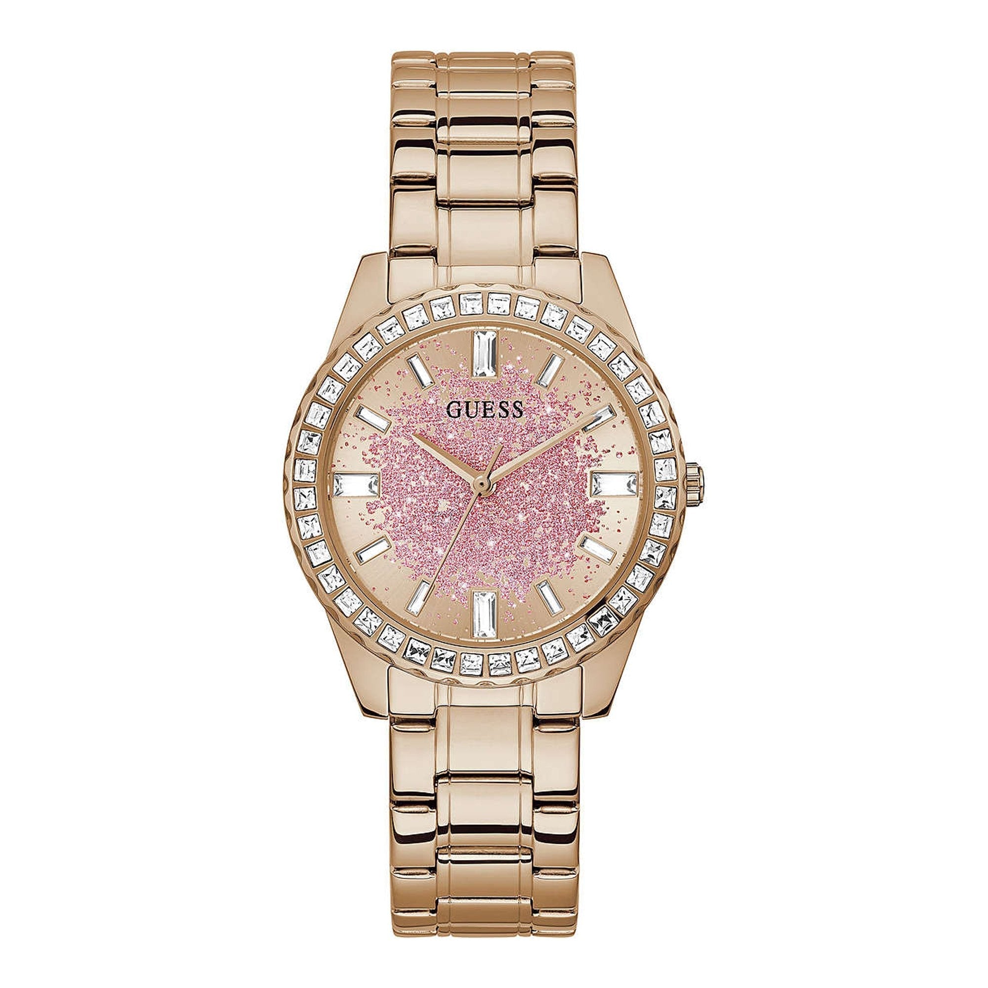 Guess Glitter Burst rose gold women's watch with pink glitter dial and crystal-set bezel