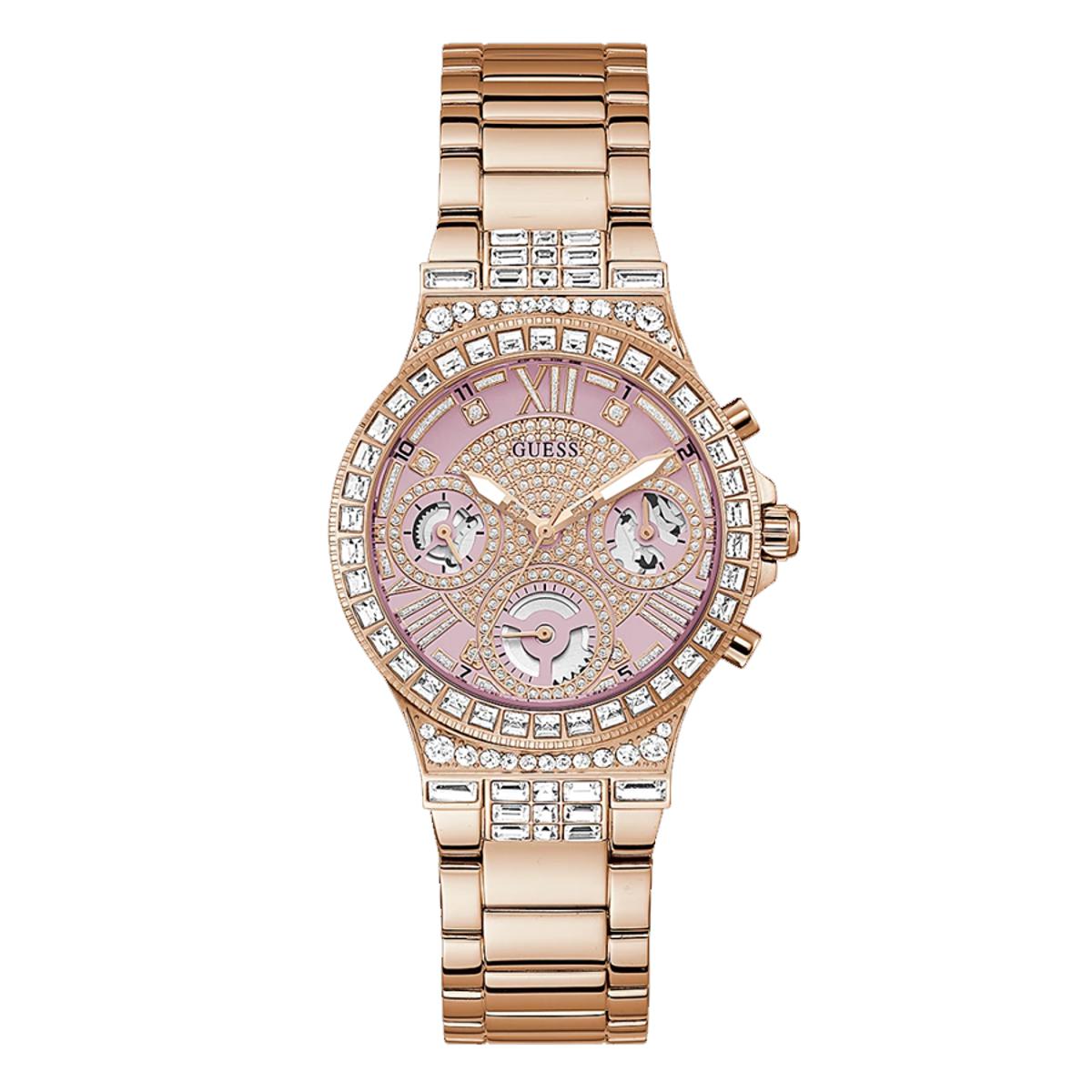 Guess Glitz rose gold women's chronograph watch with crystal-set bezel and pink dial