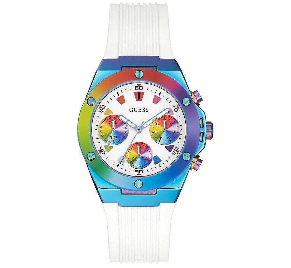 Guess tie-dye sport men's watch with multicolor case, white strap, and chronograph dial