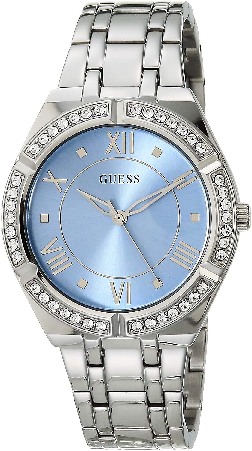 Guess silver tone women's watch with cosmo blue dial, Roman numerals, and crystal bezel