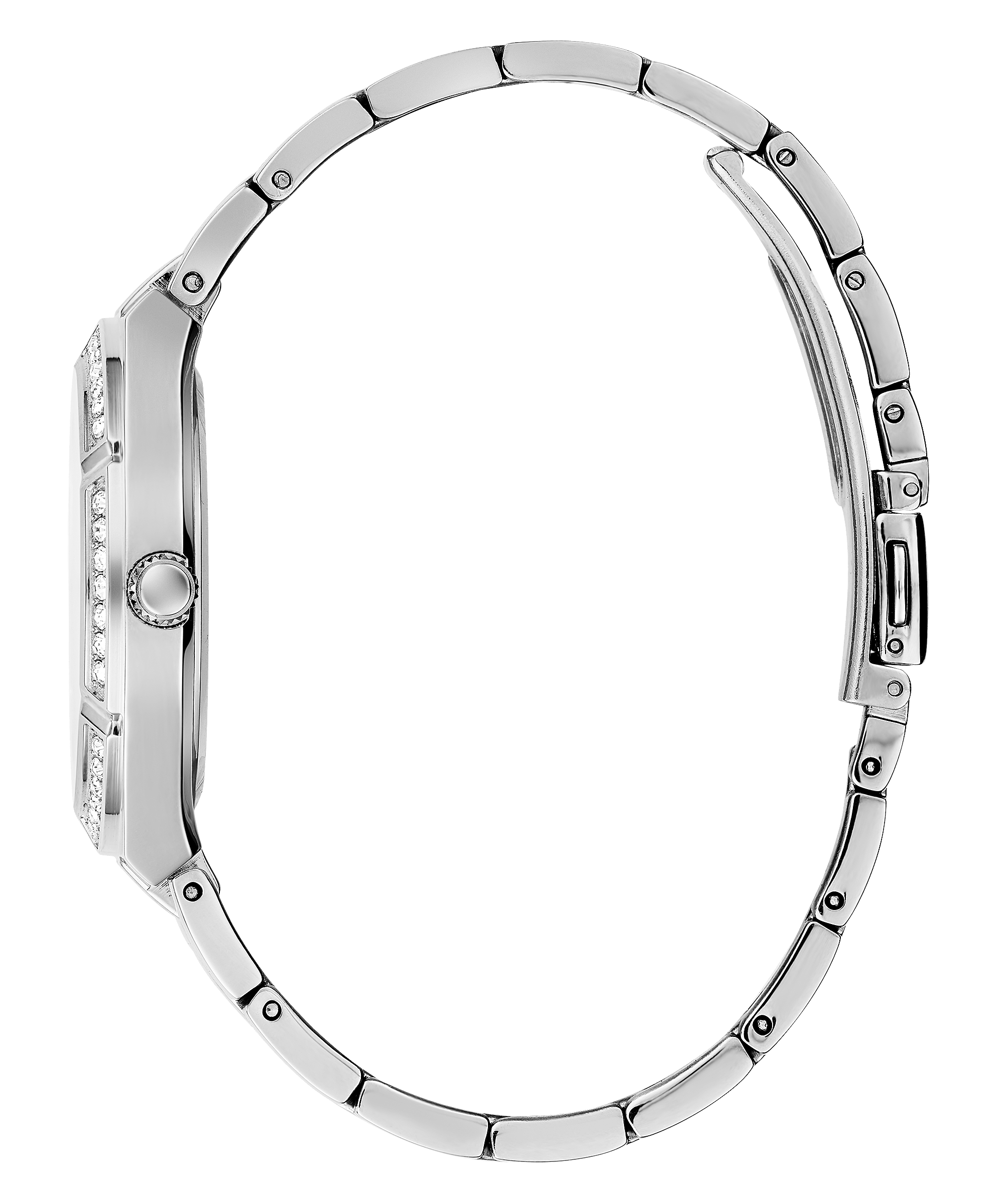Silver tone bracelet strap of Guess women's watch with fold-over clasp