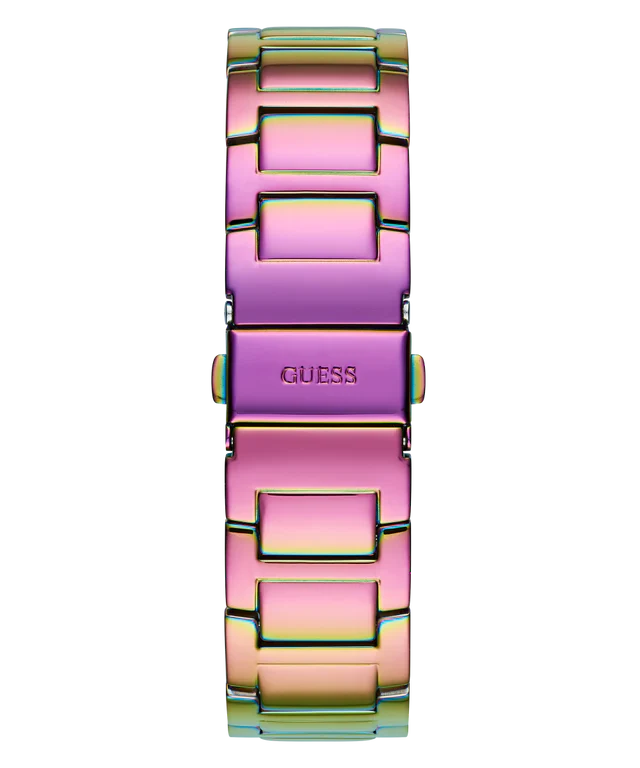 GUESS GW0044L1 iridescent metal bracelet with colorful rainbow gradient links and GUESS logo