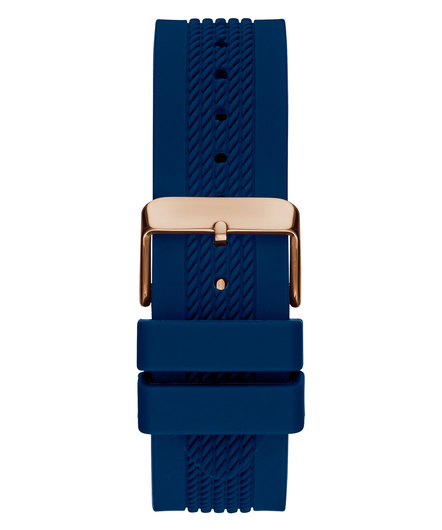 Blue silicone strap with rose gold buckle and adjustment holes