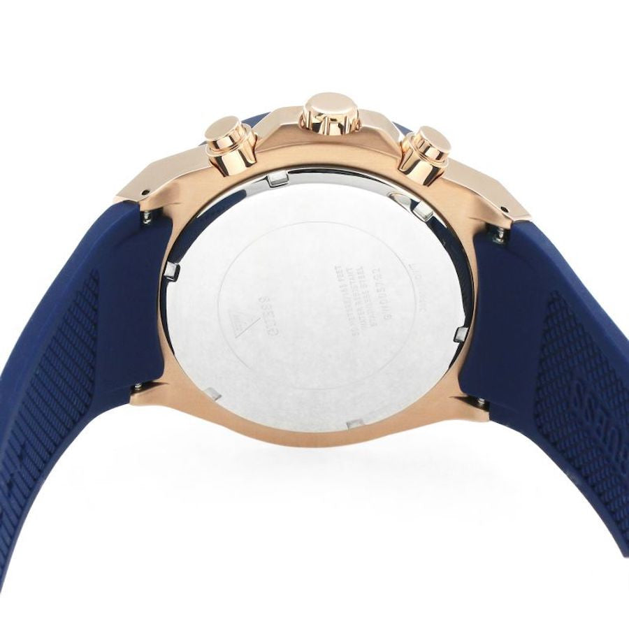 Case back of Guess GW0057G2 watch showing transparent caseback with blue silicone strap