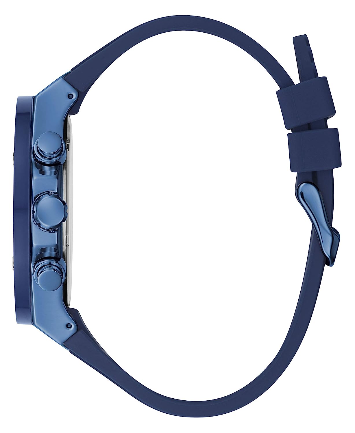 Guess GW0057G3 watch side view showing blue silicone case and rubber strap