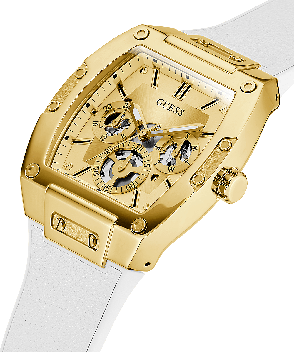 Guess gold watch GW0202G6 angled view showing tonneau case and subdials