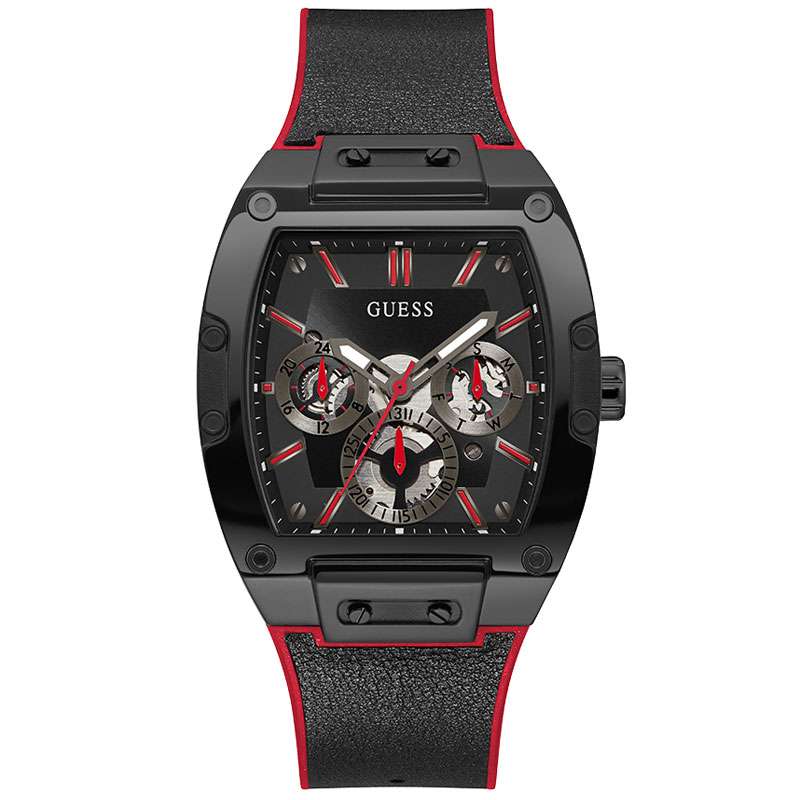 Guess Phoenix 43mm black quartz watch with black dial, triple chronograph, red and black silicone strap