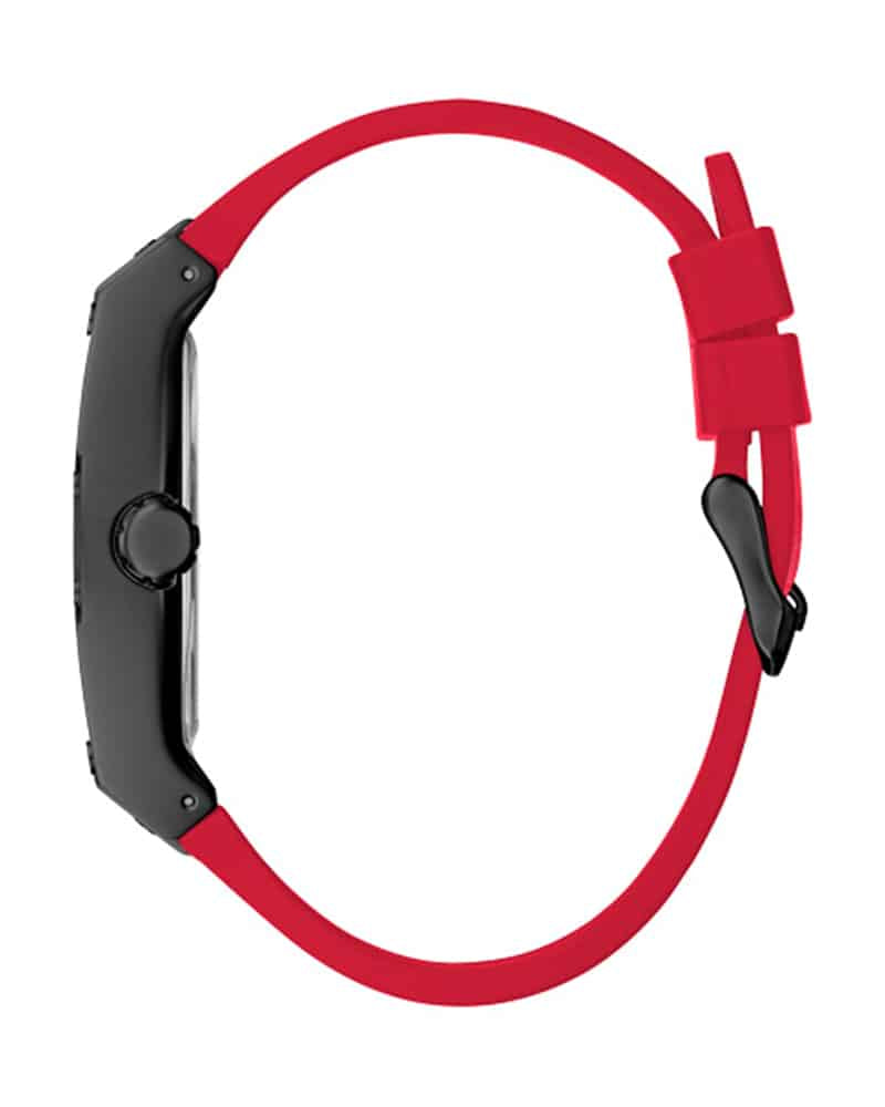 Guess Phoenix watch side profile showing rectangular black case with red and black silicone leather strap