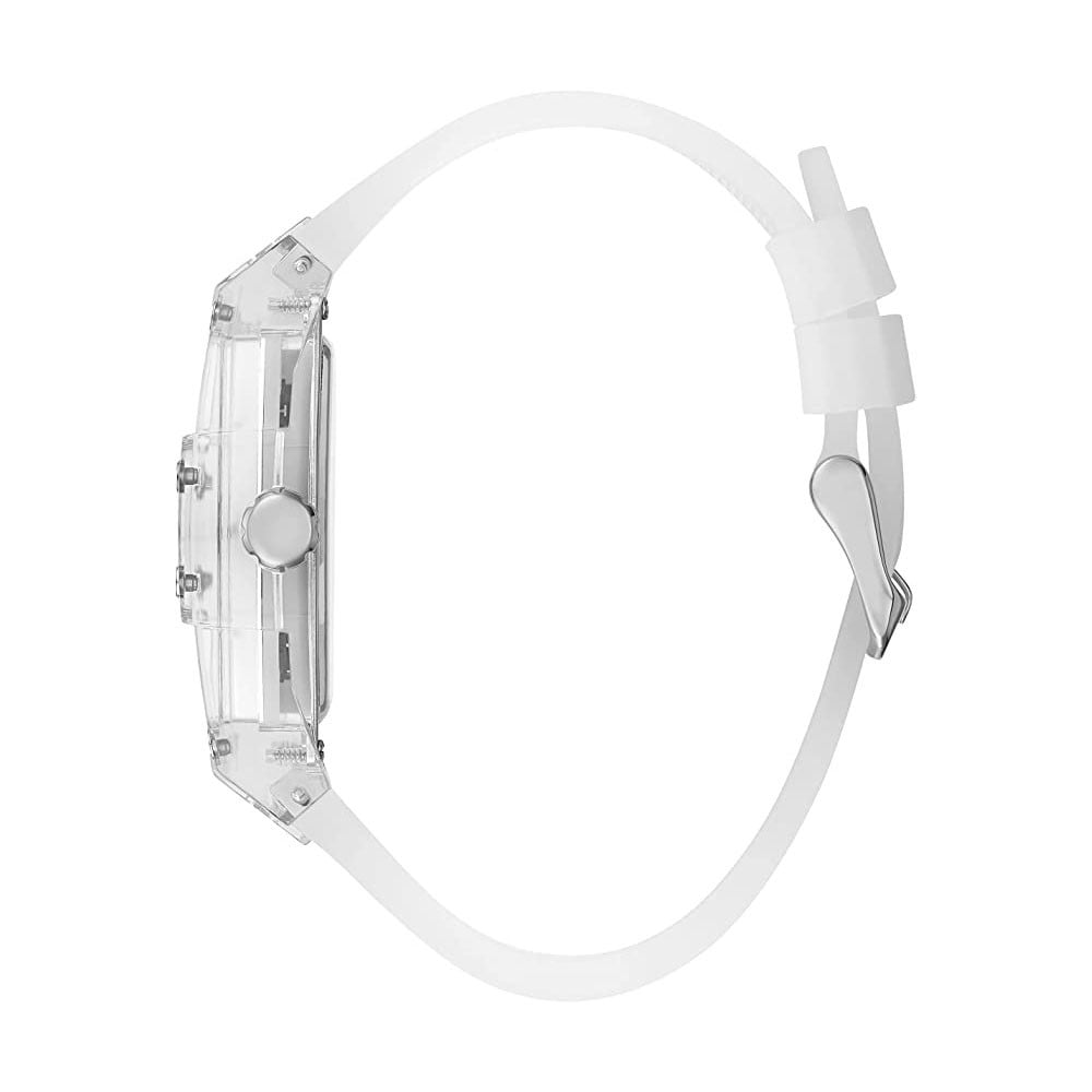 Side profile of transparent clear PU Guess watch with white strap and adjustable clasp