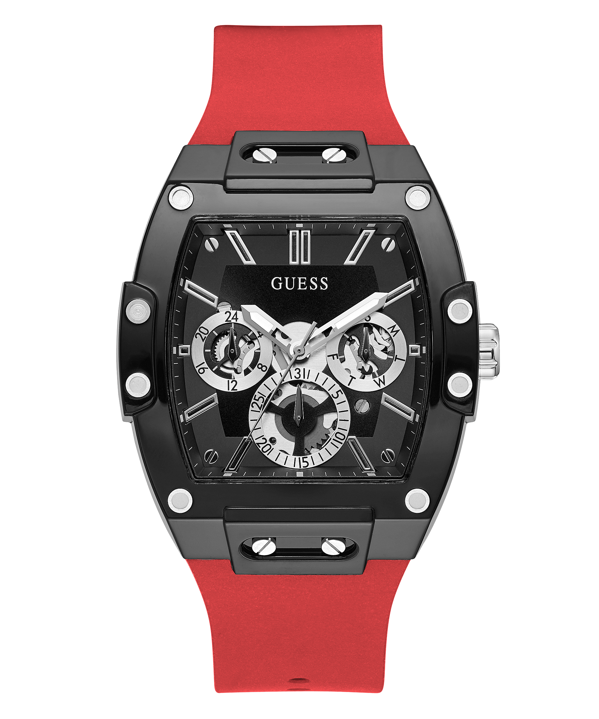 Guess black case red silicone men's chronograph watch GW0203G4 angled view