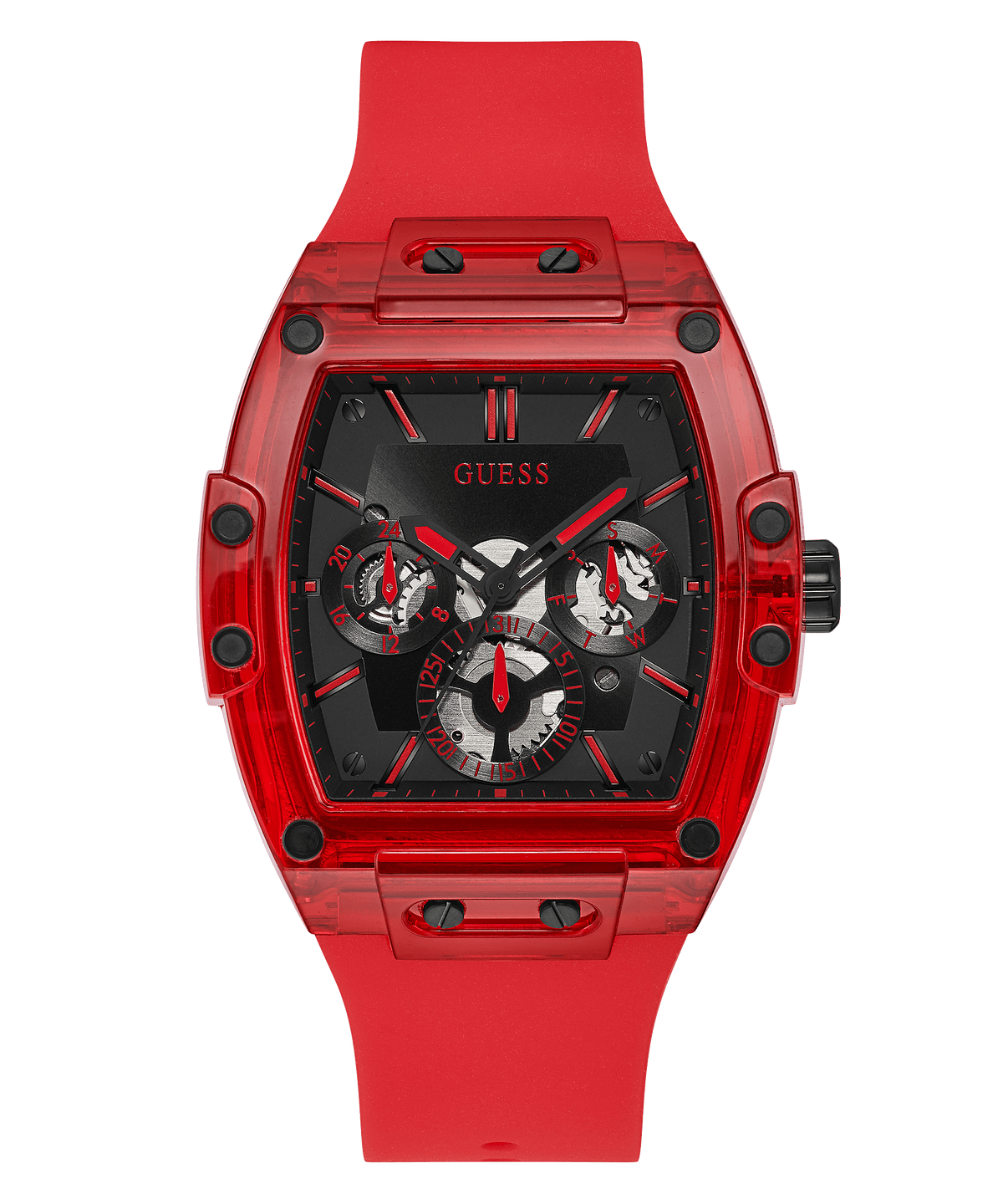 Guess red case men's watch with black chronograph dial and red silicone strap, front view