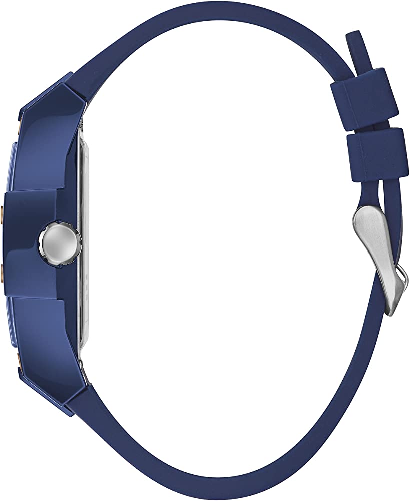 Side profile of Guess watch showing blue silicone strap and case thickness